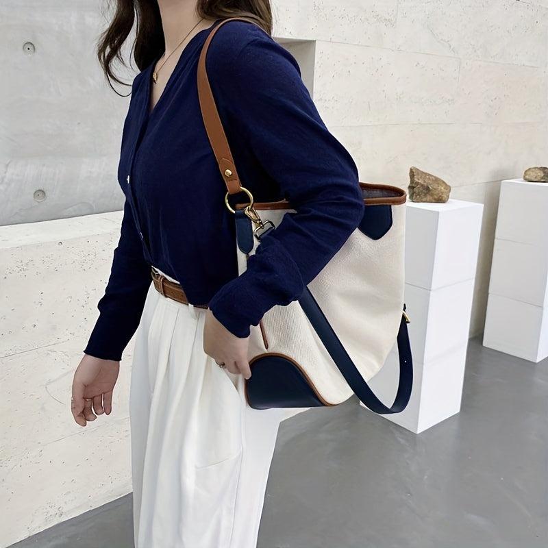 Canvas Block Shoulder Bag Large Capacity Stylish Tote Bag Zipper Strap