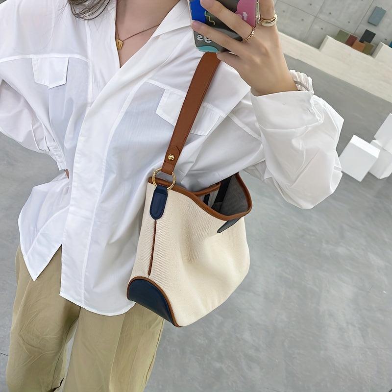 Canvas Block Shoulder Bag Large Capacity Stylish Tote Bag Zipper Strap