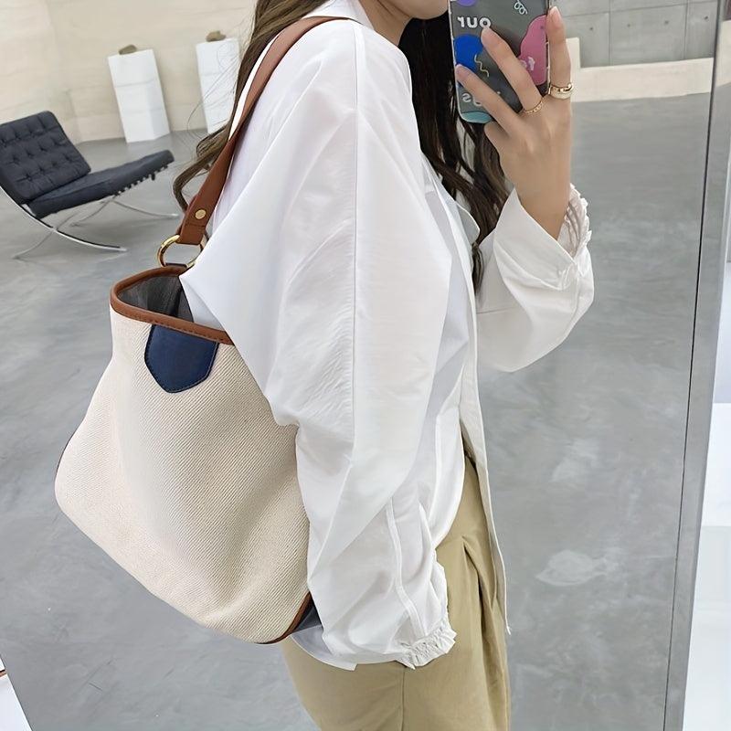 Canvas Block Shoulder Bag Large Capacity Stylish Tote Bag Zipper Strap