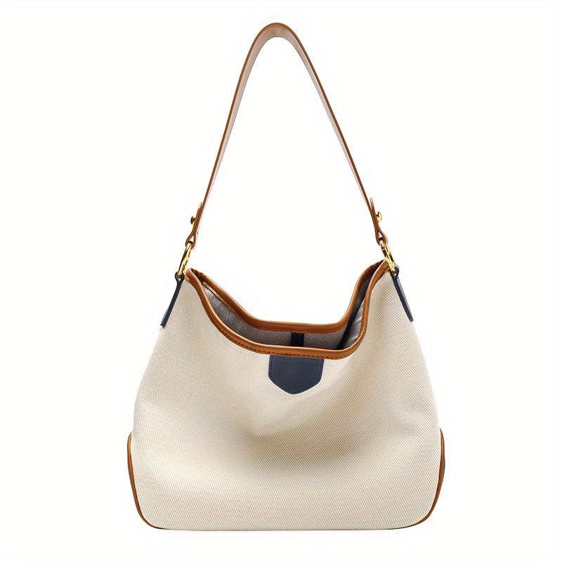 Canvas Block Shoulder Bag Large Capacity Stylish Tote Bag Zipper Strap