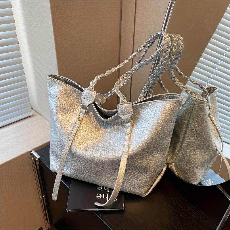 Minimalist Solid Tote Bag Large Capacity Shoulder Bag With Twisted Straps