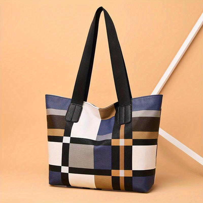 Plaid Tote Bag PU Leather Shoulder Bag Lightweight Casual Commuter Bag