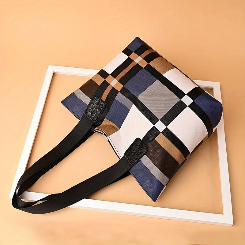 Plaid Tote Bag PU Leather Shoulder Bag Lightweight Casual Commuter Bag