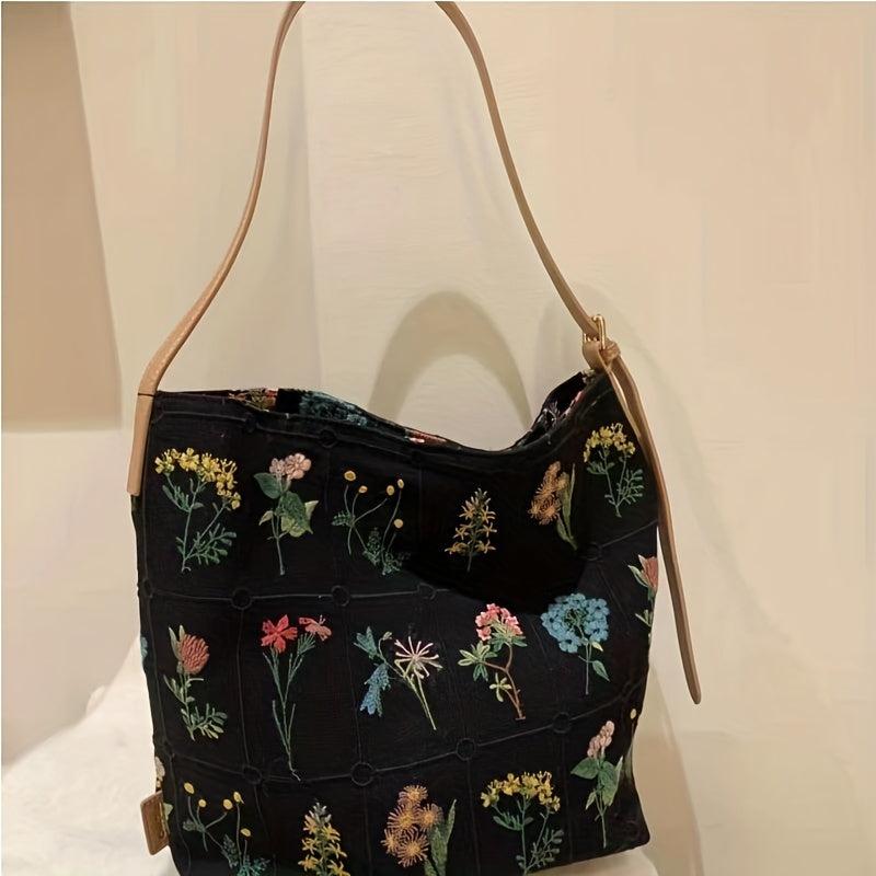 Vintage Flower Canvas Tote Bag Large Capacity Shoulder Bag