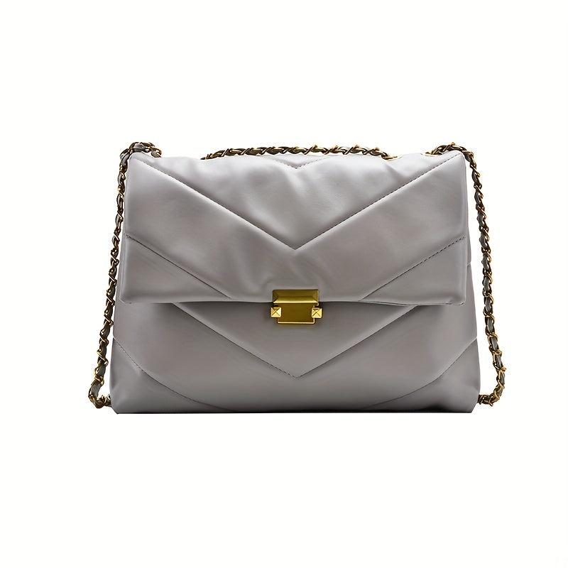 Chevron Quilted Chain Tote Bag Buckle Decor Shoulder Bag