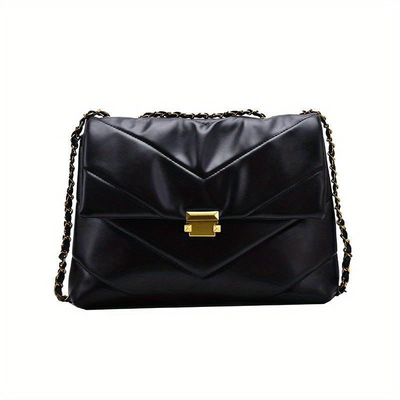 Chevron Quilted Chain Tote Bag Buckle Decor Shoulder Bag