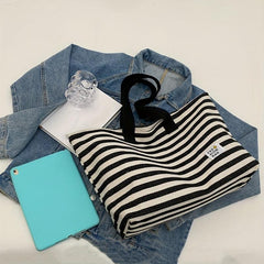Striped Canvas Tote Bag Shoulder Handbag Travel Commuter