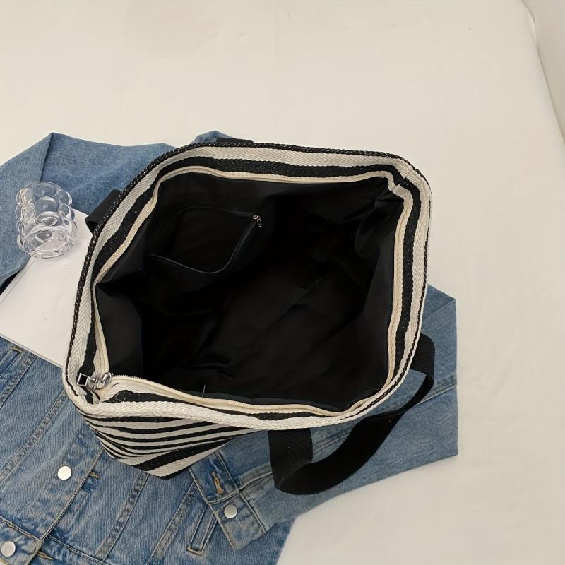 Striped Canvas Tote Bag Shoulder Handbag Travel Commuter