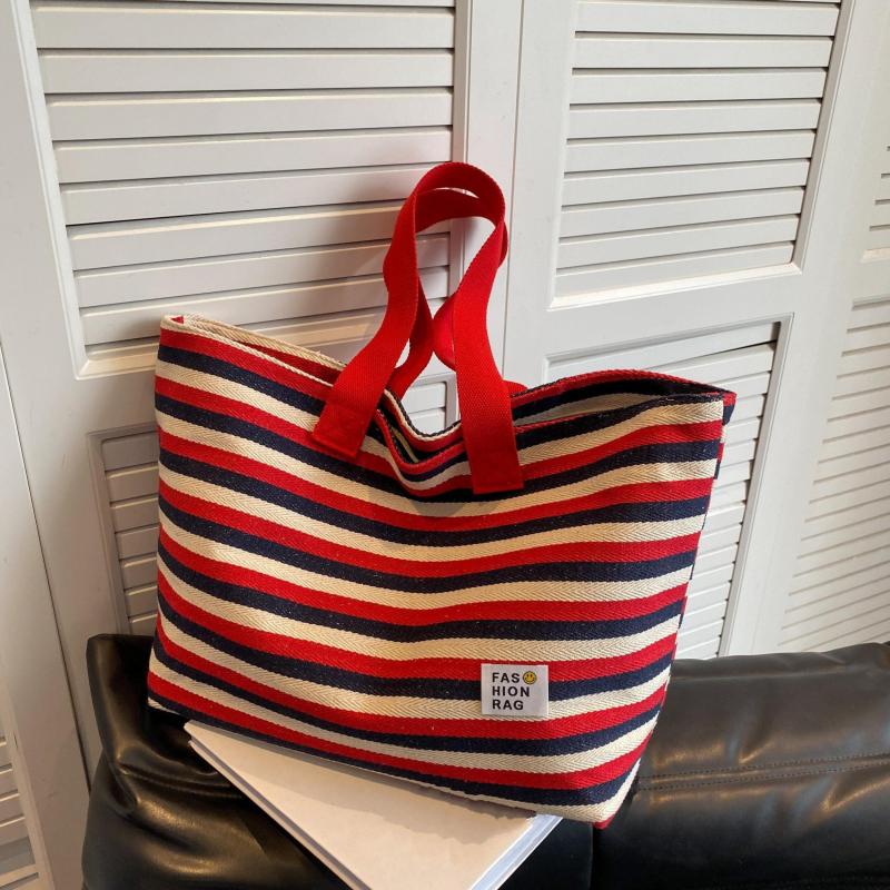 Striped Canvas Tote Bag Shoulder Handbag Travel Commuter