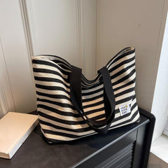 Striped Canvas Tote Bag Shoulder Handbag Travel Commuter