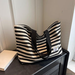 Striped Canvas Tote Bag Shoulder Handbag Travel Commuter