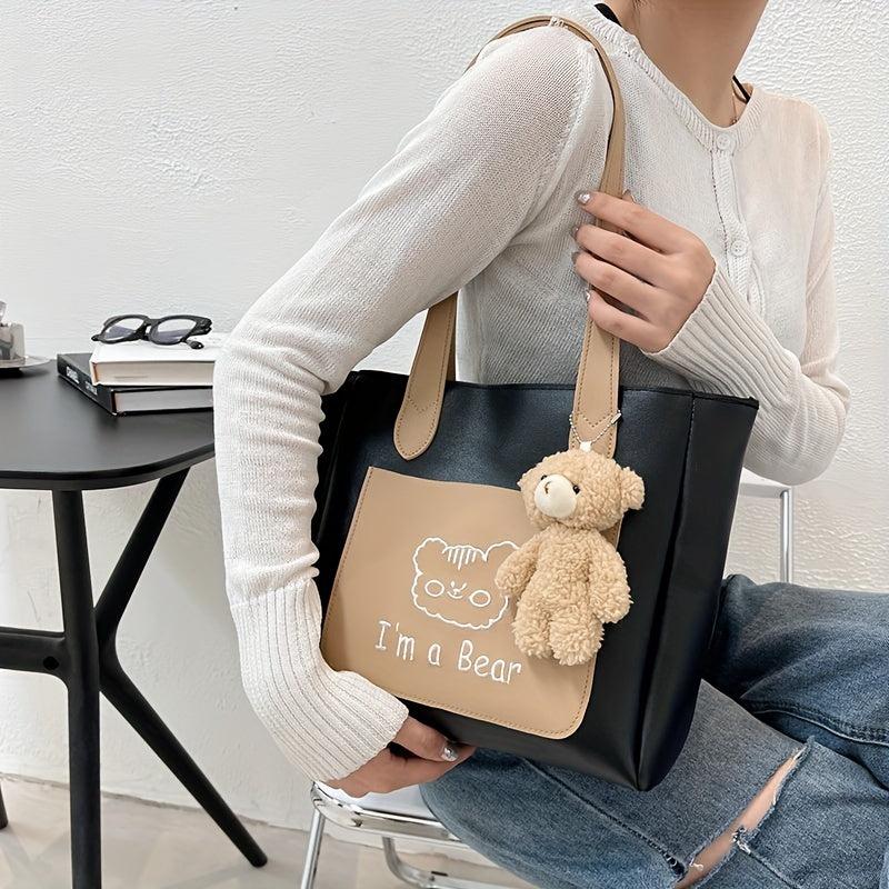 Bear Embroidery Tote Bag Cartoon Shoulder Bag Large Capacity School Handbag