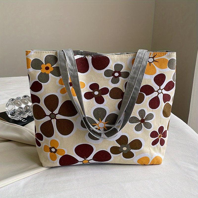 Flower Print Canvas Tote Bag Large Shoulder Bag
