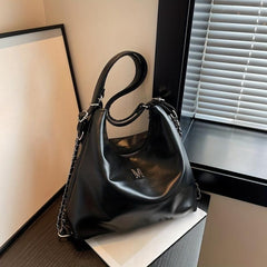 Metal Chain Large Capacity Tote Bag PU Leather Textured Shoulder Bag