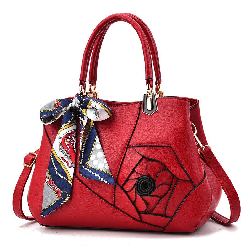 Flower Decor Tote Bag PU Leather Zipper Shoulder Bag With Random Scarf