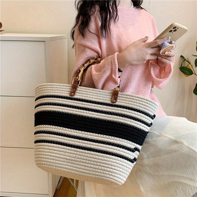 Colorblock Woven Beach Bag Large Tote Boho Handbag