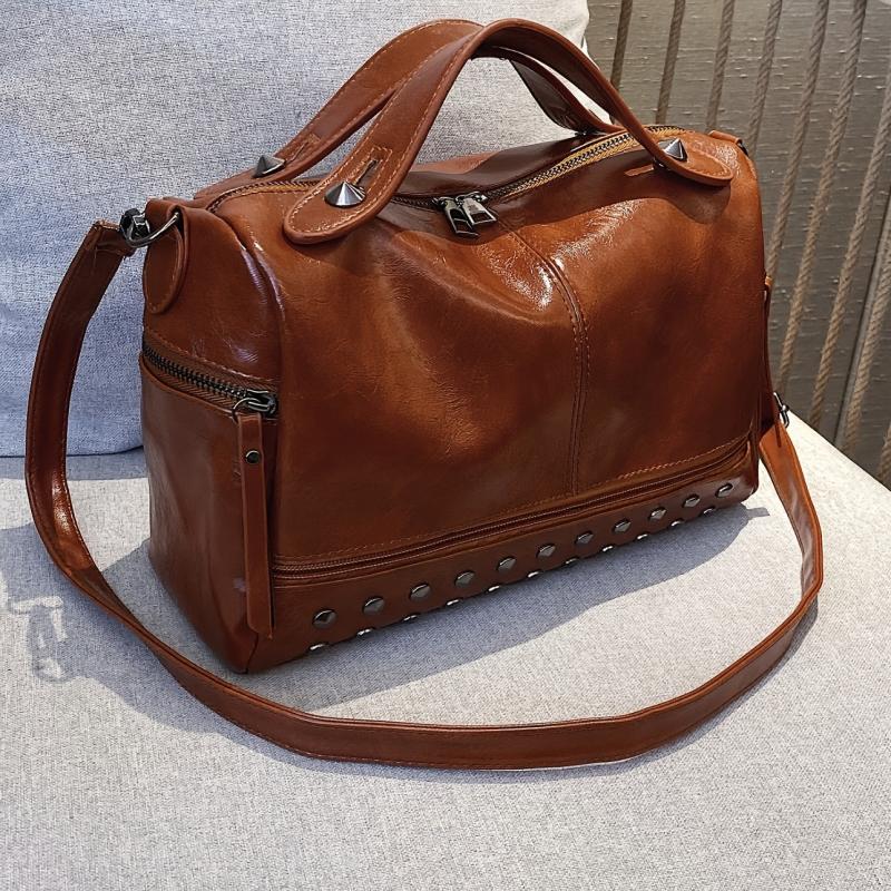 Vintage Shoulder Tote Bag Faux Leather Handbag Zipper Adjustable Strap