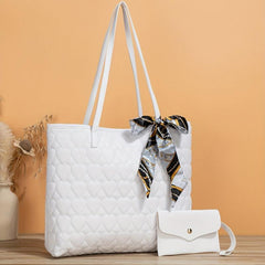 Heart Quilted Tote Bag Scarf Decor Shoulder Bag Women's Casual Handbag