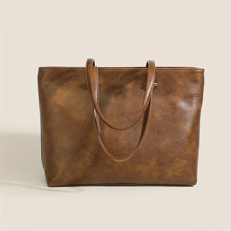 Vintage PU Leather Tote Bag Solid Handbag Large Capacity Shoulder Bag For Women