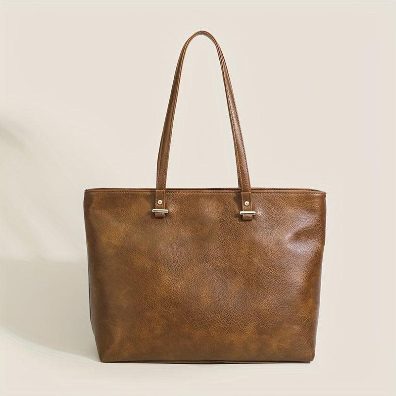 Vintage PU Leather Tote Bag Solid Handbag Large Capacity Shoulder Bag For Women