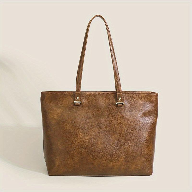 Vintage PU Leather Tote Bag Solid Handbag Large Capacity Shoulder Bag For Women