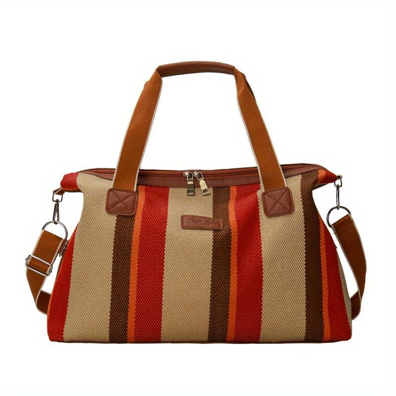 Vintage Large Striped Duffle Bag Lightweight Zipper Luggage Portable Sports