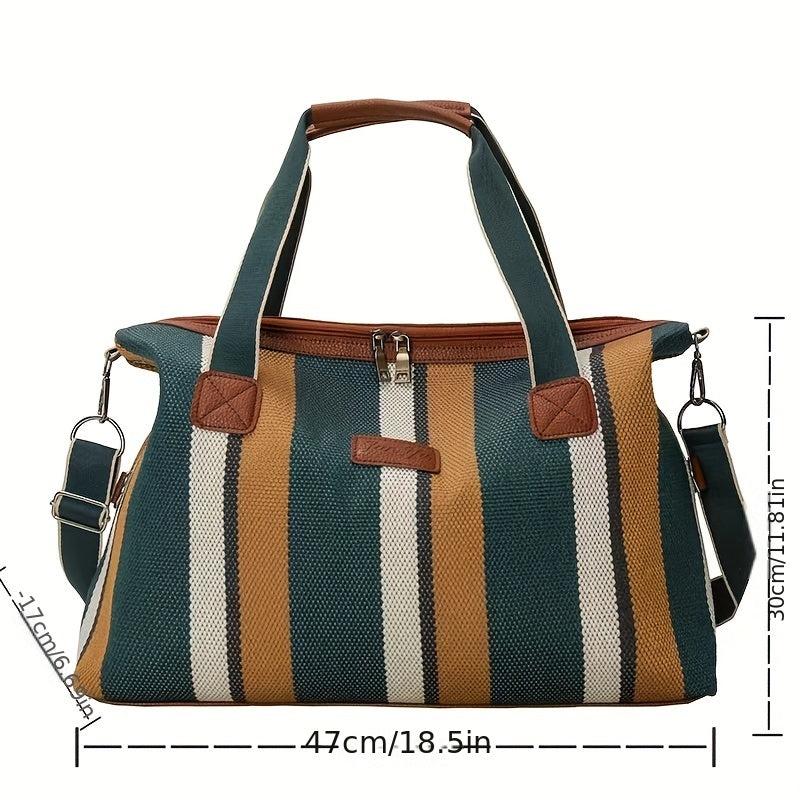 Vintage Large Striped Duffle Bag Lightweight Zipper Luggage Portable Sports
