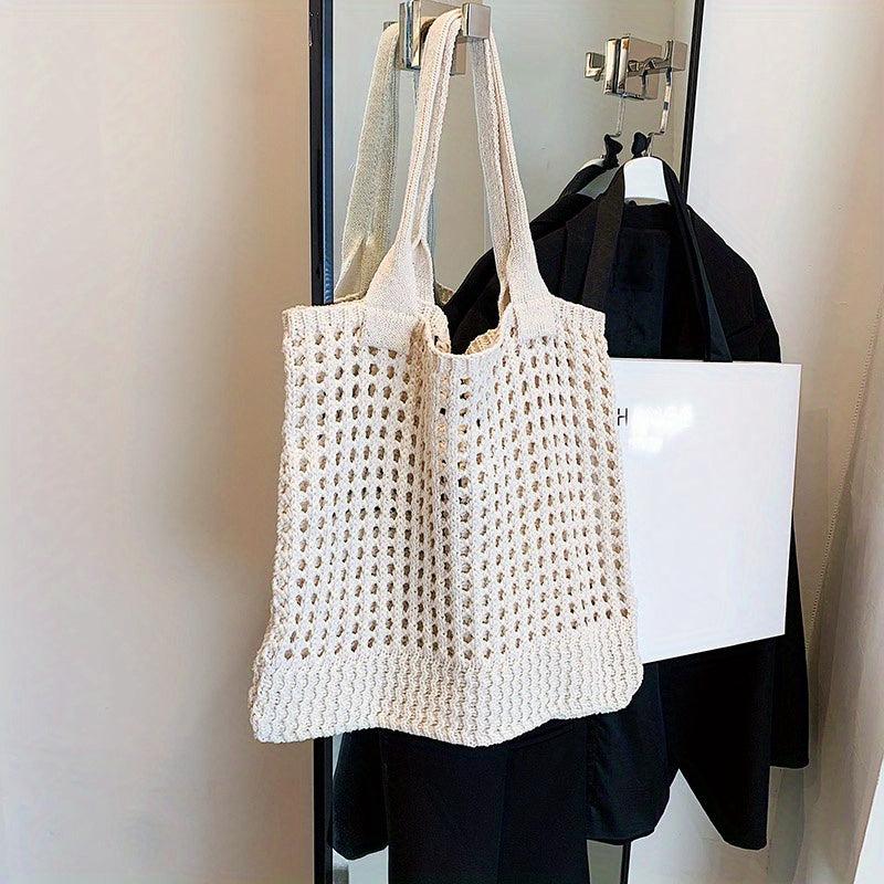 Solid Crochet Bag Hollow Out Knitted Tote Bag