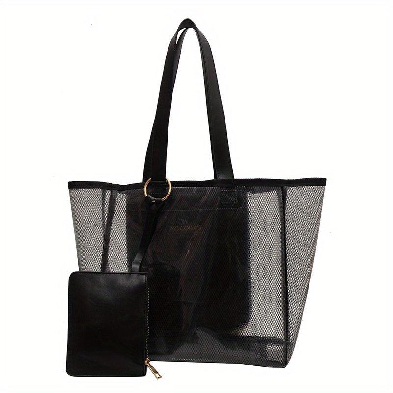 Solid Mesh Tote Bag Large Capacity Shoulder Bag With Purse All Match Beach Bag