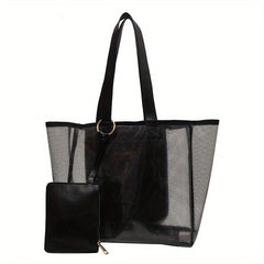 Solid Mesh Tote Bag Large Capacity Shoulder Bag With Purse All Match Beach Bag