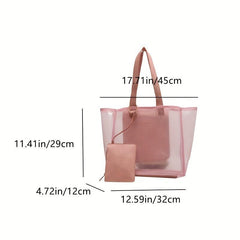 Solid Mesh Tote Bag Large Capacity Shoulder Bag With Purse All Match Beach Bag