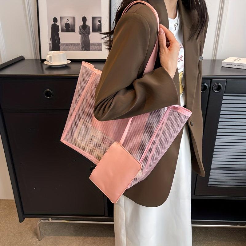 Solid Mesh Tote Bag Large Capacity Shoulder Bag With Purse All Match Beach Bag