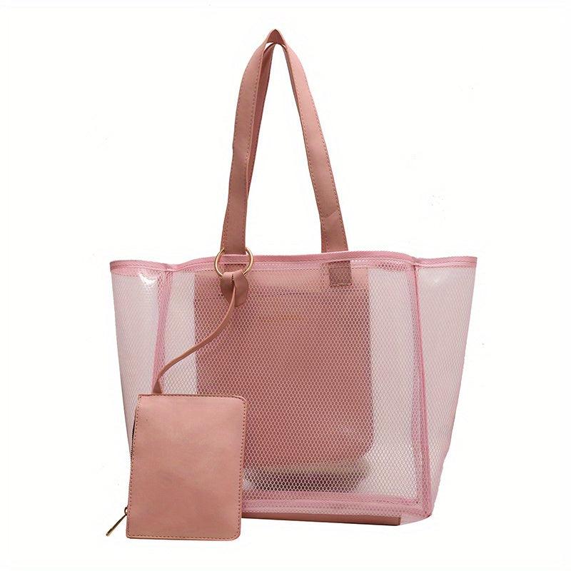 Solid Mesh Tote Bag Large Capacity Shoulder Bag With Purse All Match Beach Bag