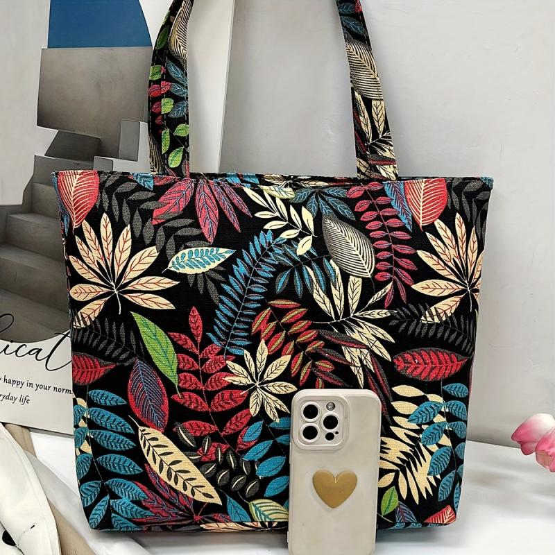 Vintage Leaves Pattern Lightweight Tote Bag All Match Handbag