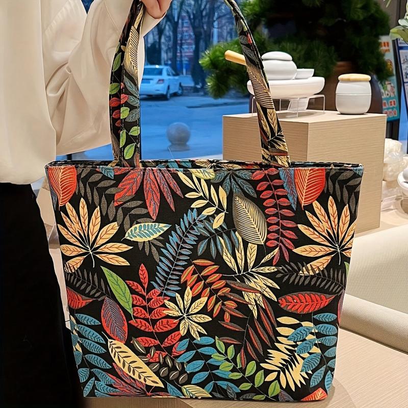 Vintage Leaves Pattern Lightweight Tote Bag All Match Handbag