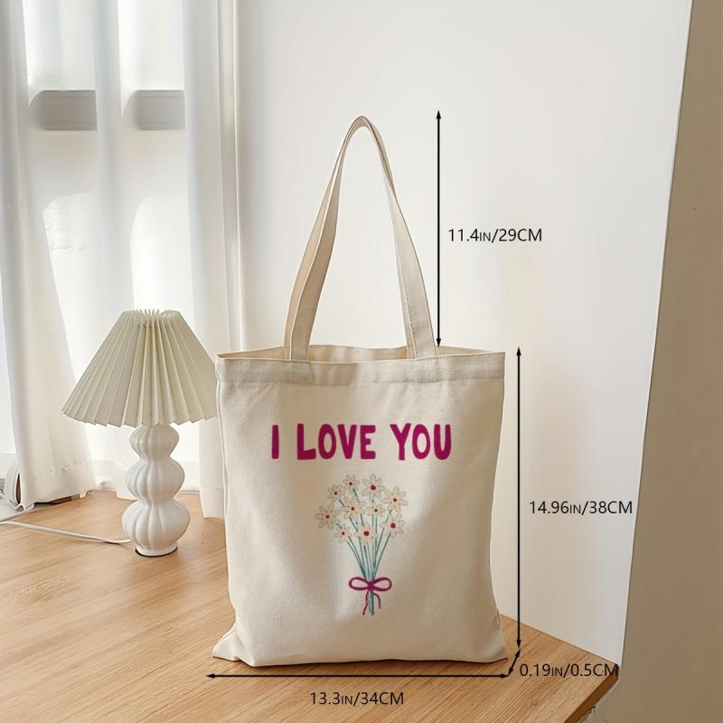 Pink Letter Flower Pattern Canvas Bag Lightweight Shopper Bag