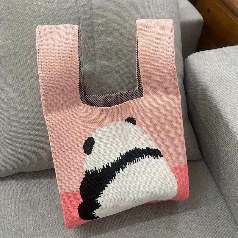 Knitted Panda Pattern Handbag Colorblock Satchel Bag