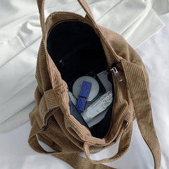 Large Capacity Corduroy Tote Bag with Zipper and Adjustable Strap