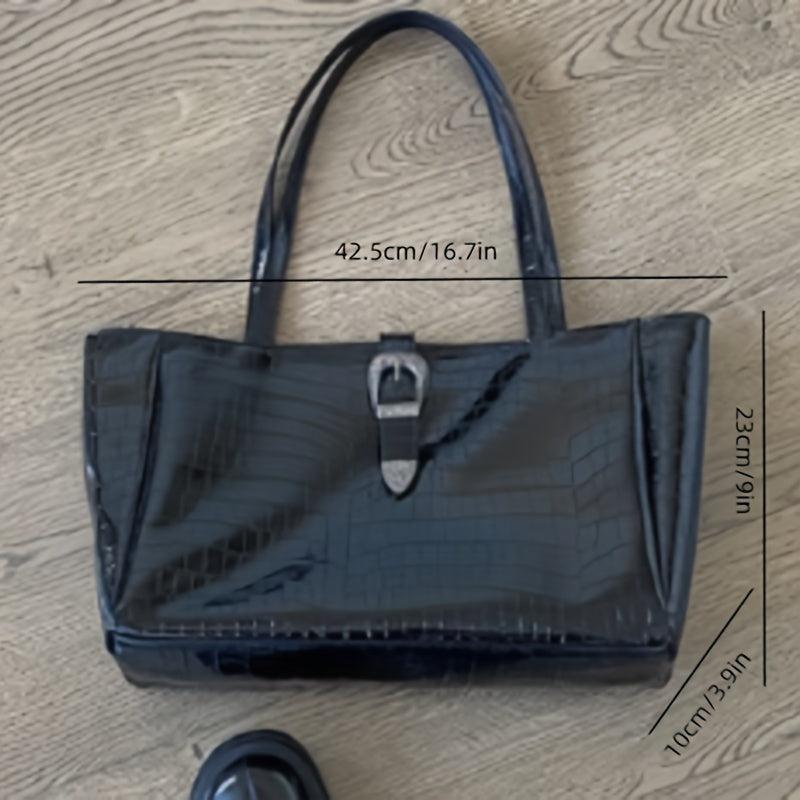 Crocodile Pattern Glossy Tote Bag Vintage PU Leather Handbag Large Capacity