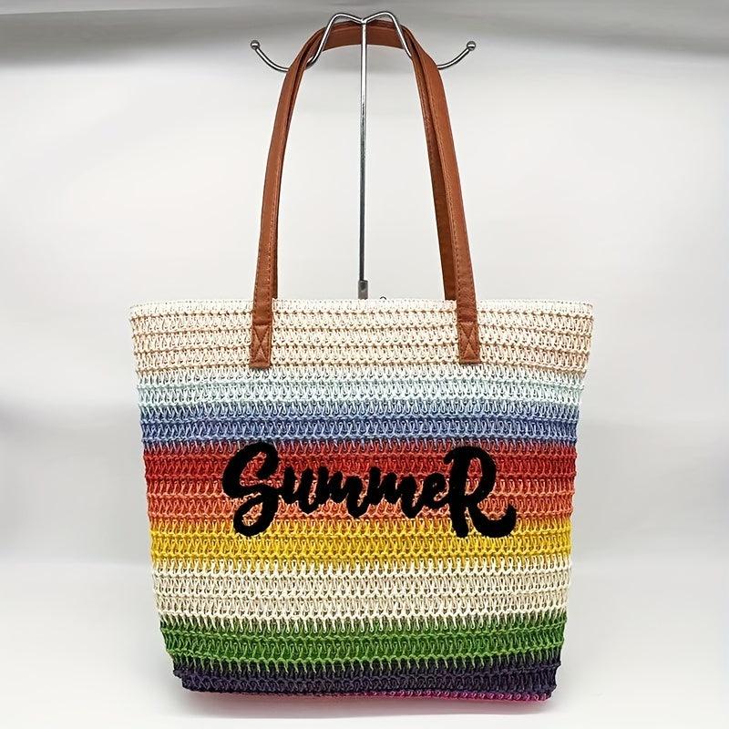 Rainbow Stripes Straw Bag Boho Style Tote Bag Woven Shoulder Bag
