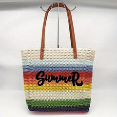 Rainbow Stripes Straw Bag Boho Style Tote Bag Woven Shoulder Bag