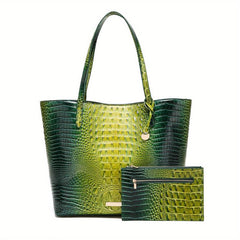 Crocodile Pattern Glossy Tote Bag With Clutch Purse