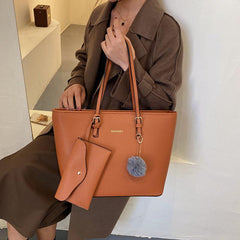 Women's Large Capacity Tote Bag with Small Pouch and Pompom Pendant