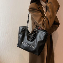 Large Capacity Faux Leather Tote Shoulder Bag with Zipper and Chain