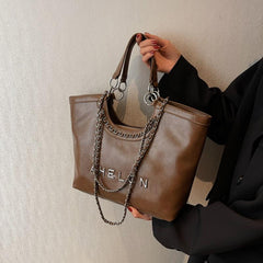 Large Capacity Faux Leather Tote Shoulder Bag with Zipper and Chain