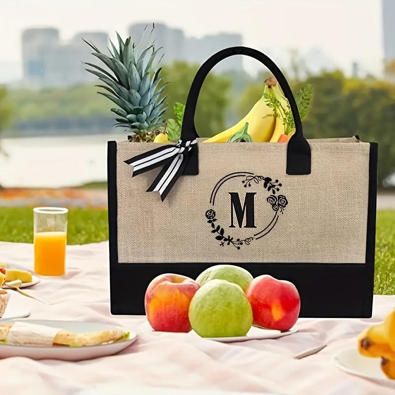 Colorblock Letter Print Tote Bag Lightweight Versatile Travel Beach Storage Bag