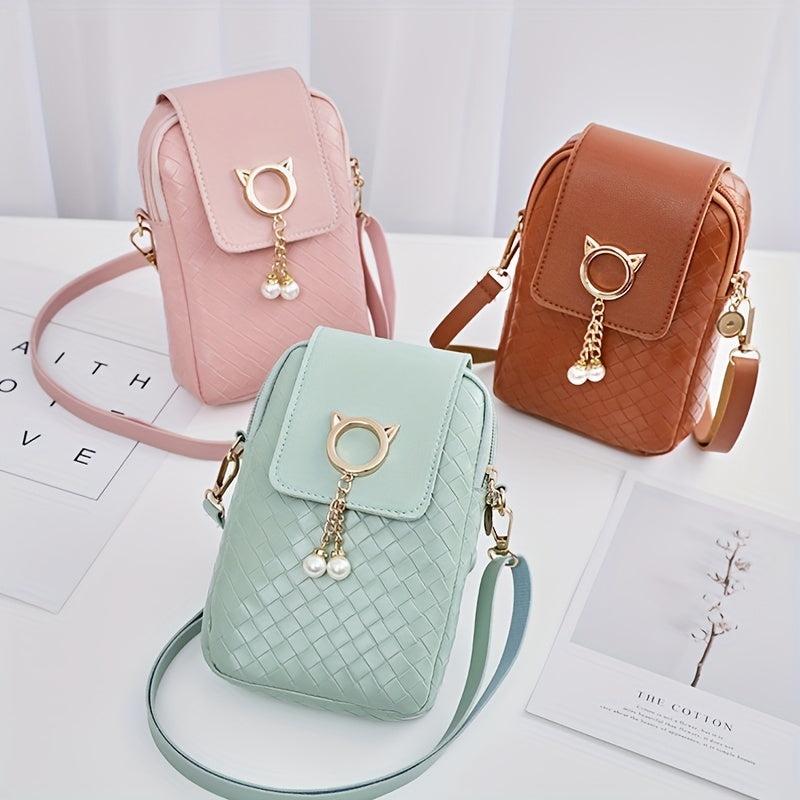 Minimalist Braided Shoulder Bag Zipper Solid Phone Bag Coin Purse