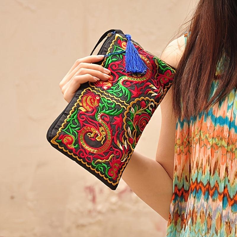 Vintage Embroidered Wallet Women's Zip Clutch Phone Case