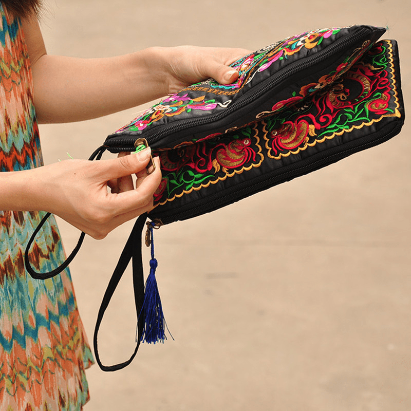 Vintage Embroidery Flower Wallet Long Clutch Purse with Zipper