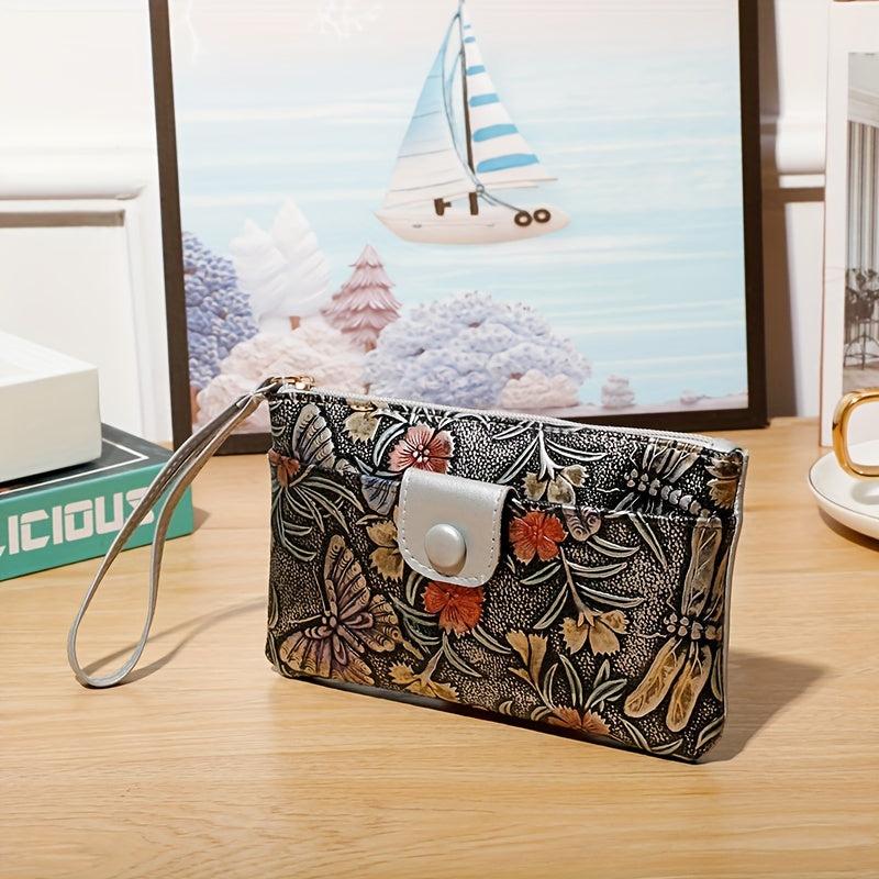 Vintage Flower Embossed Clutch Bag Zipper Long Wallet for Women